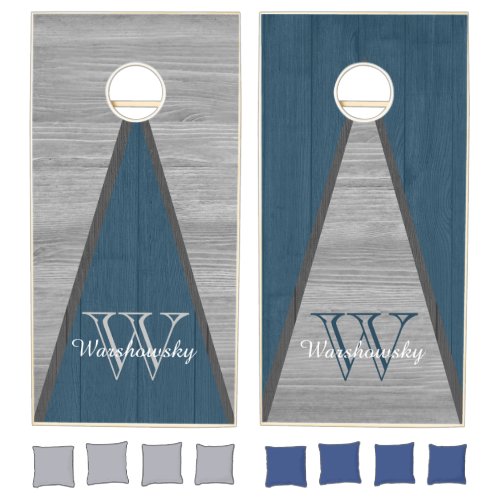 Budget Rustic Wood Blue Gray  Monogram Triangle Cornhole Set