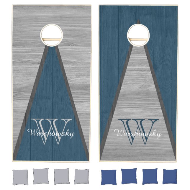 Budget Rustic Wood Blue Gray  Monogram Triangle Cornhole Set (Set)