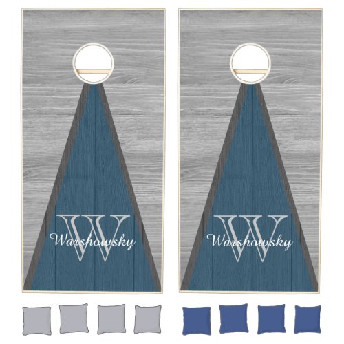 Budget Rustic Wood Blue Gray  Monogram Triangle Cornhole Set