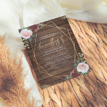 Budget Rustic Wood Burgundy & Geometric Wedding<br><div class="desc">This budget design features a rustic wood background with hand-painted watercolor flowers in beautiful blush pink and burgundy shades with eucalyptus and sage-green foliage. There is a faux gold geometric frame around your event details with "the wedding of" in script lettering. There are printed gold dustings in the top right...</div>