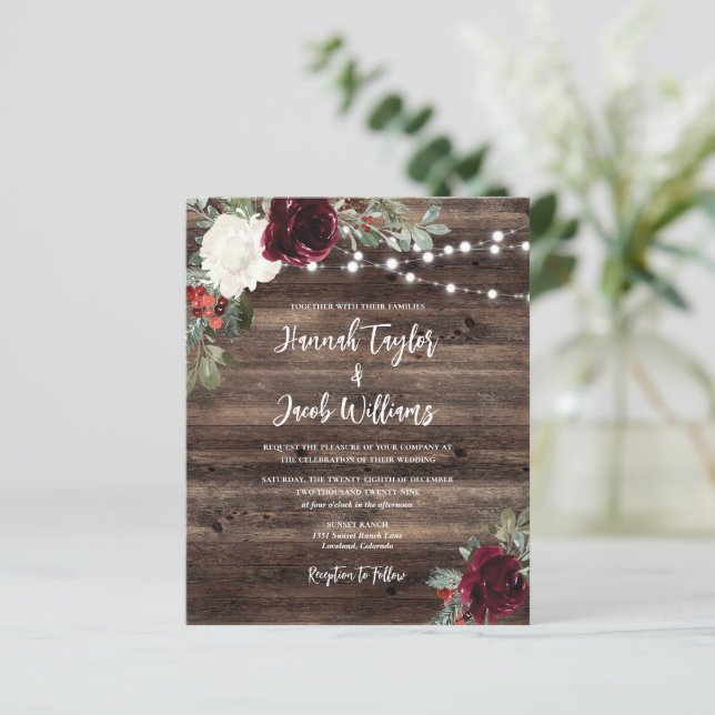Budget Rustic Wood Christmas Wedding Invitation (Standing Front)