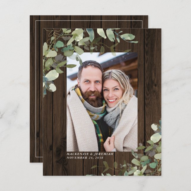 Budget Rustic Wood Eucalyptus Photo Save the Date (Front/Back)