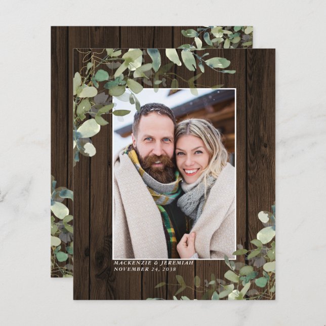 Budget Rustic Wood Eucalyptus Photo Save the Date (Front/Back)