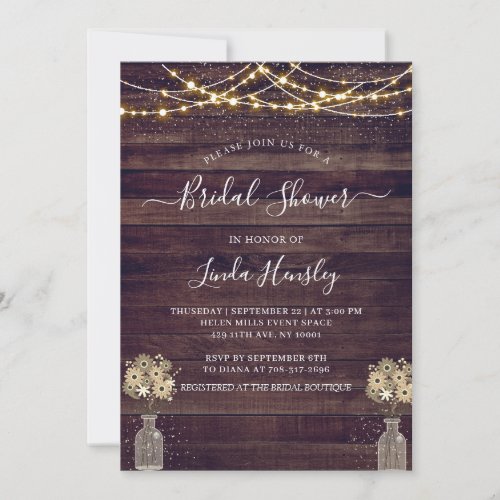 Budget Rustic Wood Floral Lights Bridal Shower Invitation