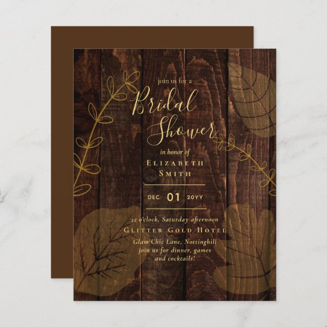 Budget Rustic Wood Gold Bridal Shower Invite (Front/Back)