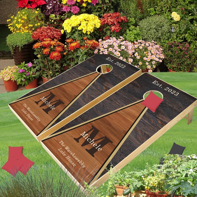 Budget. Rustic  Wood Grain Triangle Monogram  Cornhole Set (Creator Uploaded)