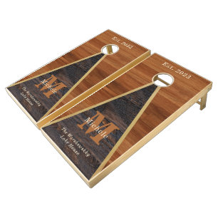 Budget. Rustic Wood Grain Triangle Monogram Cornhole Set