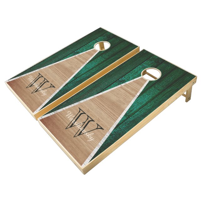 Budget Rustic Wood Green White Monogram Triangle  Cornhole Set (Angled)