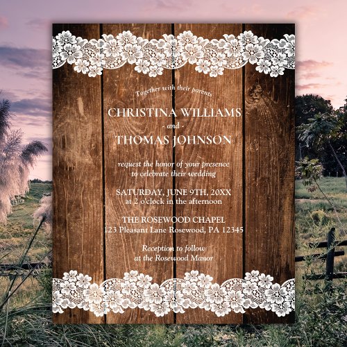 Budget Rustic Wood Lace Barn Wedding Invitation