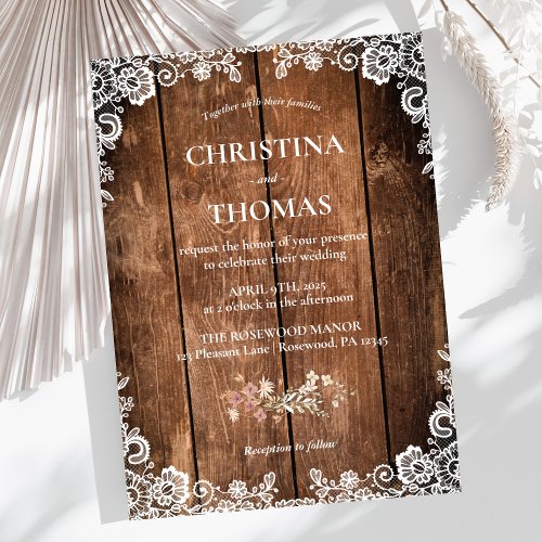 Budget Rustic Wood Lace Country Barn Wedding Invitation