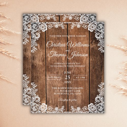 Budget Rustic Wood Lace Country Wedding Invitation