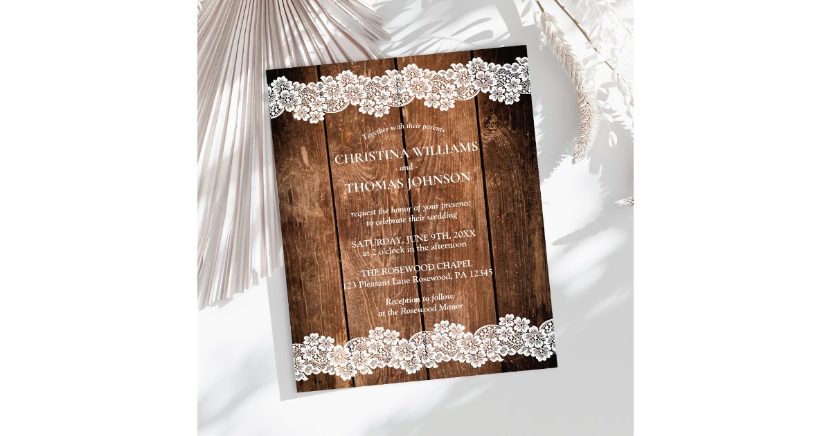 Budget Rustic Wood Lace Wedding Invitation | Zazzle