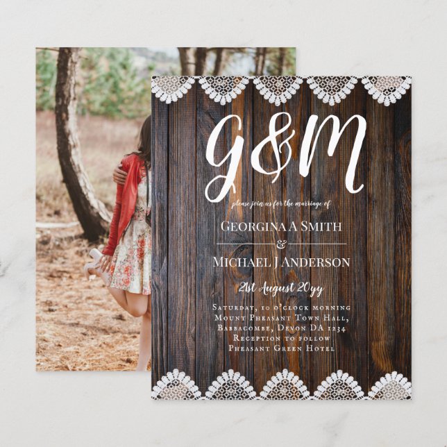 BUDGET Rustic Wood Lace Wedding Invitation (Front/Back)