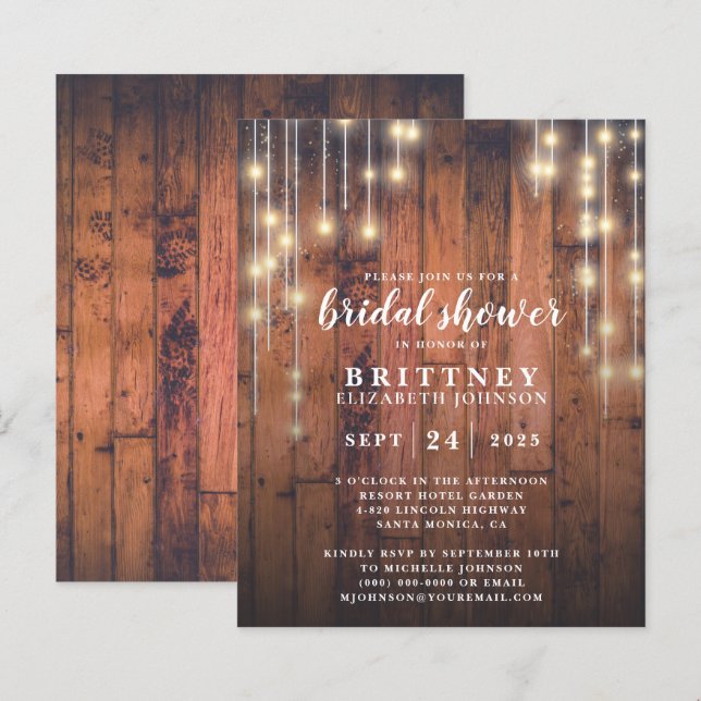 Budget Rustic Wood Lights Bridal Shower Invitation (Front/Back)