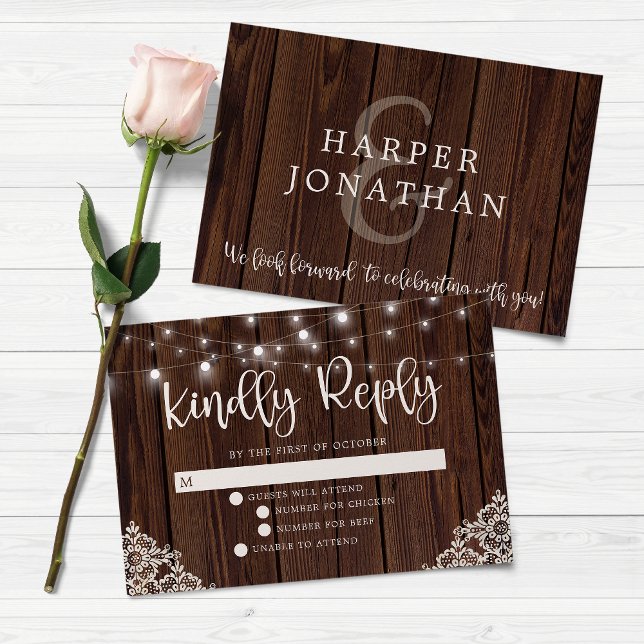 BUDGET Rustic Wood Lights Lace Wedding RSVP Note Card (Creator Uploaded)