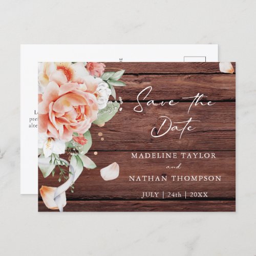 Budget Rustic Wood  Peach Floral Save the Date Announcement Postcard