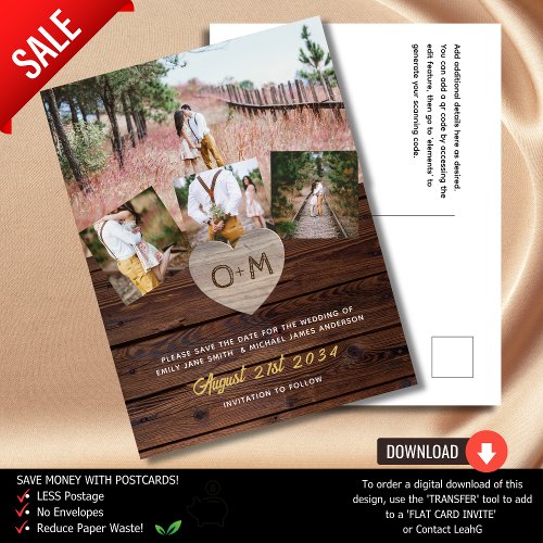 Budget Rustic Wood Photo Collage Engraved Hearts  Postcard