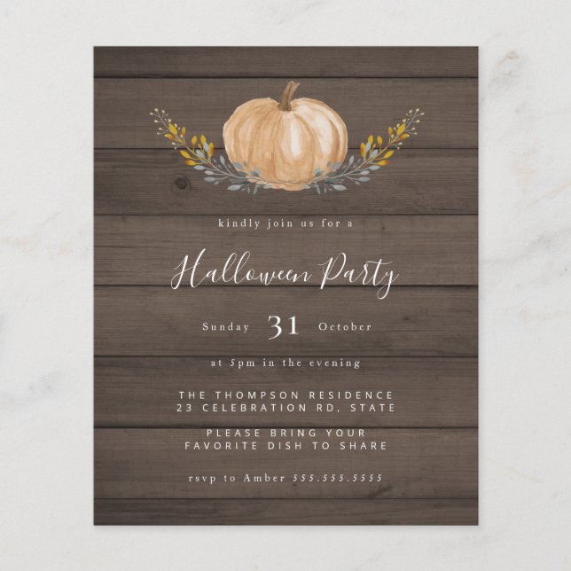 Budget Rustic Wood Pumpkin Halloween Party Invite (Front)
