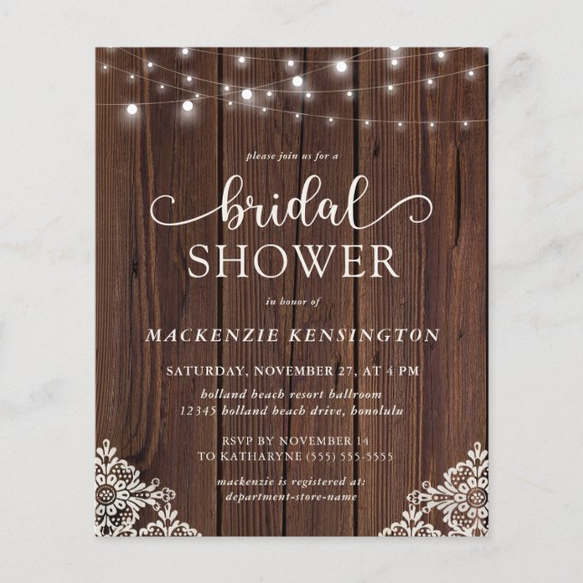 BUDGET Rustic Wood String Light Lace Bridal Shower (Front)