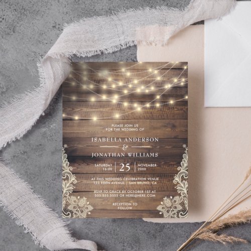 Budget Rustic Wood String Lights  Lace Wedding