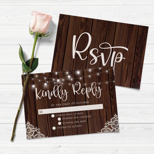BUDGET Rustic Wood String Lights Lace Wedding RSVP Note Card