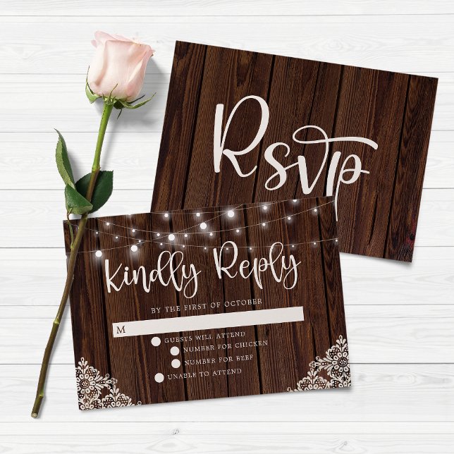 BUDGET Rustic Wood String Lights Lace Wedding RSVP Note Card (Creator Uploaded)