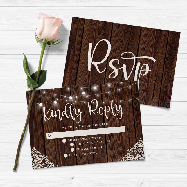 BUDGET Rustic Wood String Lights Lace Wedding RSVP Note Card | Zazzle