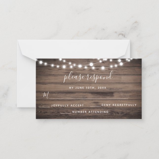 Budget Rustic Wood String Lights Wedding RSVP Card (Front)