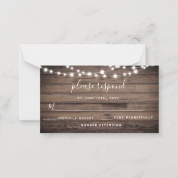 Budget Rustic Wood String Lights Wedding Rsvp Card by Beanhamster at Zazzle