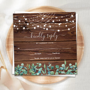 Budget Rustic Wood String Lights Wedding RSVP Note Card