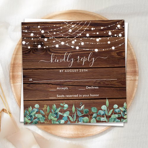 Budget Rustic Wood String Lights Wedding RSVP  Note Card