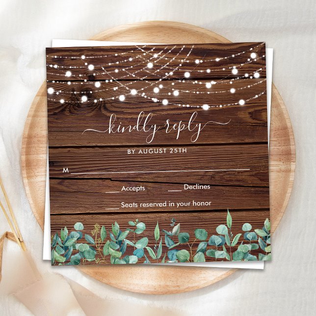 Budget Rustic Wood String Lights Wedding RSVP  Note Card (Creator Uploaded)