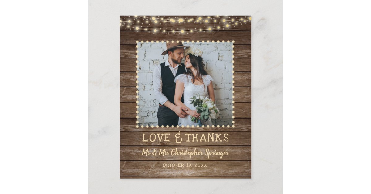 Budget Rustic Wood String Lights Wedding Thank You | Zazzle