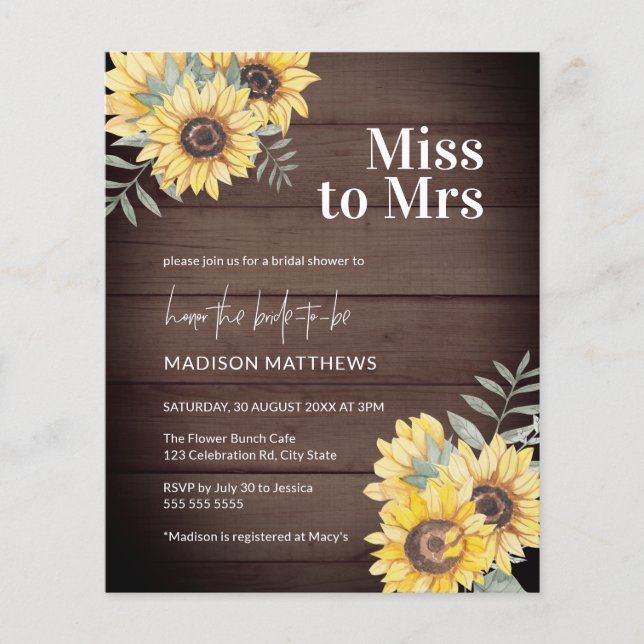 Budget Rustic Wood Sunflower Bridal Shower  (Front)