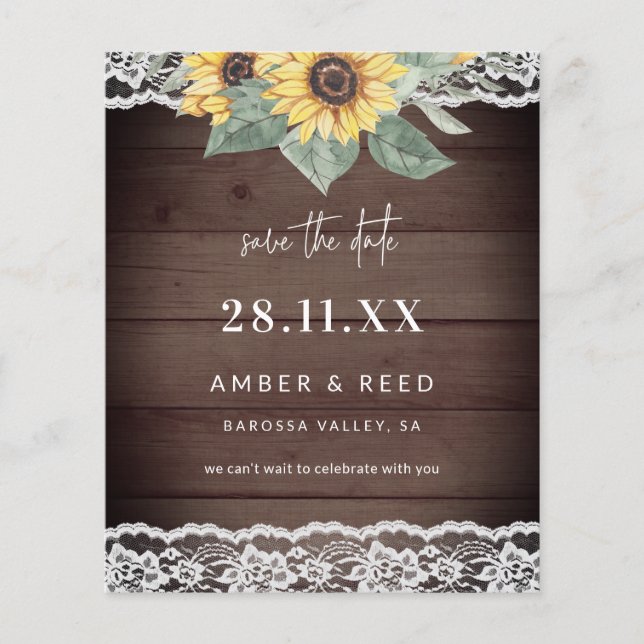 Budget Rustic Wood Sunflower & Lace Save The Date (Front)
