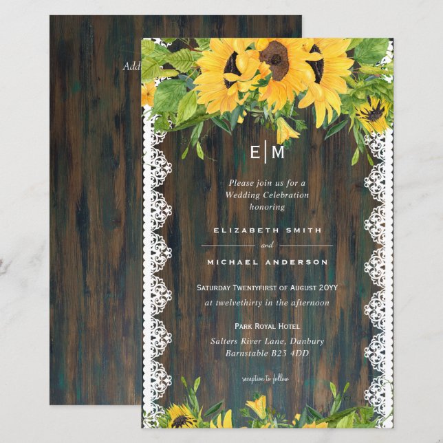 BUDGET Rustic Wood Sunflowers Lace Wedding Invites (Front/Back)