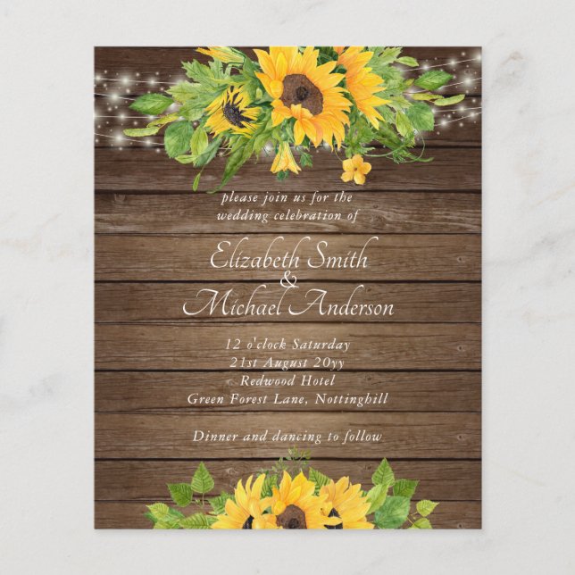 Budget Rustic Wood Sunflowers Lights Wedding Invit (Front)
