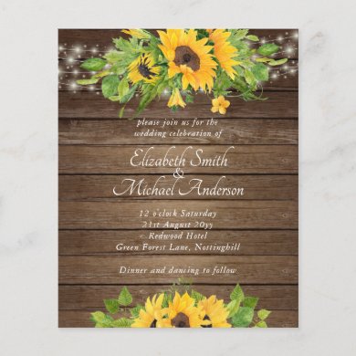 Budget Rustic Wood Sunflowers Lights Wedding Invit
