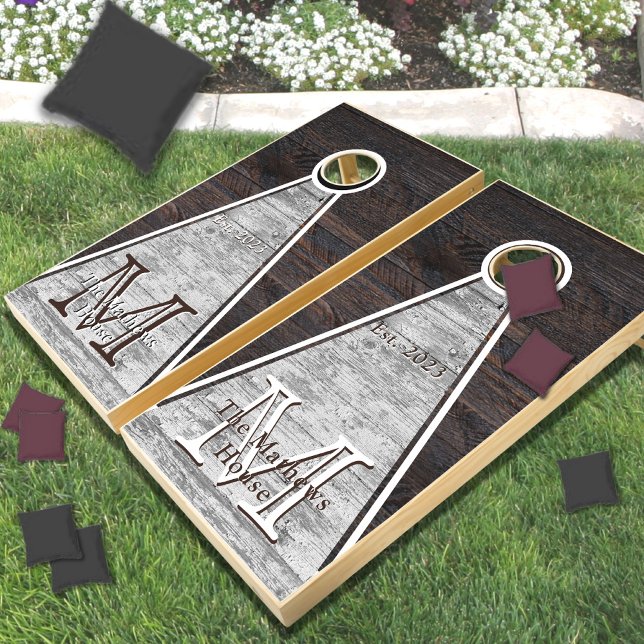 Budget Rustic Wood Tone Monogram Gray Brown Cornhole Set (Creator Uploaded)