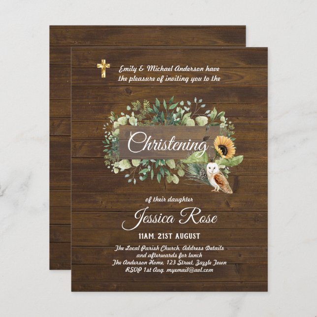 BUDGET Rustic Woodland Christening Invite Baptism  (Front/Back)