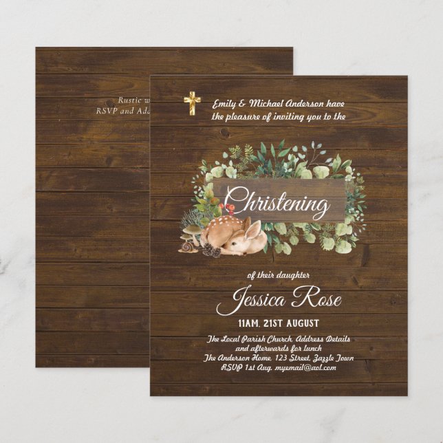BUDGET Rustic Woodland Christening Invite Baptism  (Front/Back)