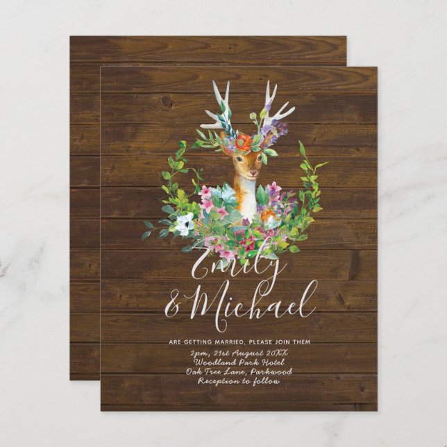 Budget Rustic Woodland Deer Floral Wedding Invites (Front/Back)