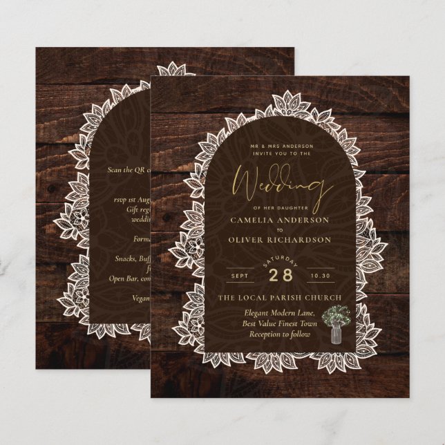 BUDGET Rustic Woodland Wedding Wood Lace INVITE (Front/Back)