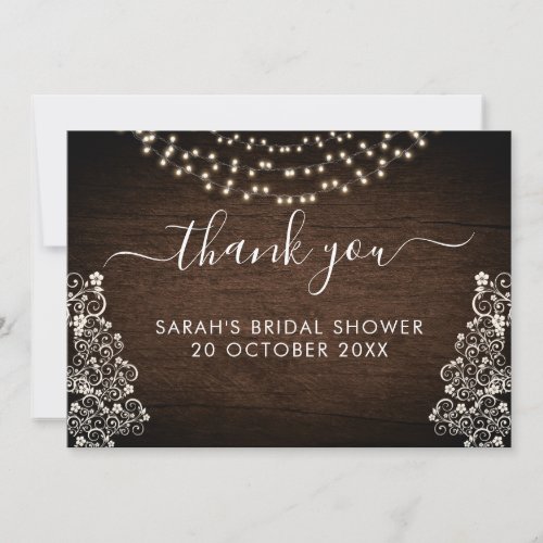Budget Rustic Woodsy Lights Lace Wood Wedding Thank You Card