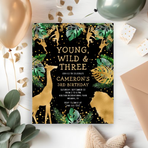 Budget Safari 3rd Birthday Green Gold Black Invite