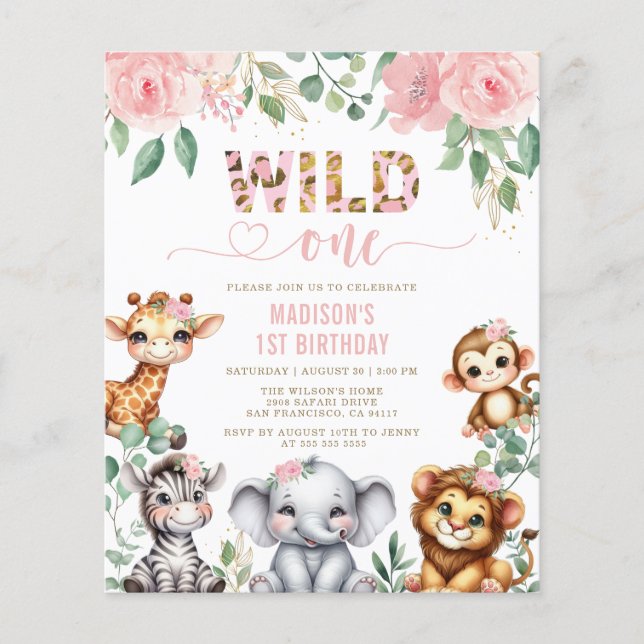 Budget Safari Animal Wild One Floral 1st Birthday (Front)