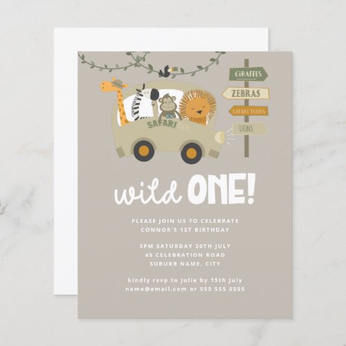 Budget Safari Animals Wild One Birthday Invitation