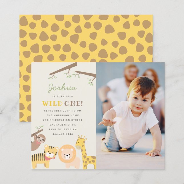 Budget Safari Animals Wild One Photo 1st Birthday (Front/Back)