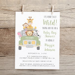 Budget Safari Baby Boy Shower Invitation<br><div class="desc">Cute budget-friendly baby boy shower invitation featuring an illustration of baby zoo animals (lion, elephant, zebra, monkey and giraffe) piled into a safari vehicle and "It's About to Get Wild" in fun typography, and "Baby Shower" and the mother's name in coordinating army green script. You can easily personalize the shower...</div>