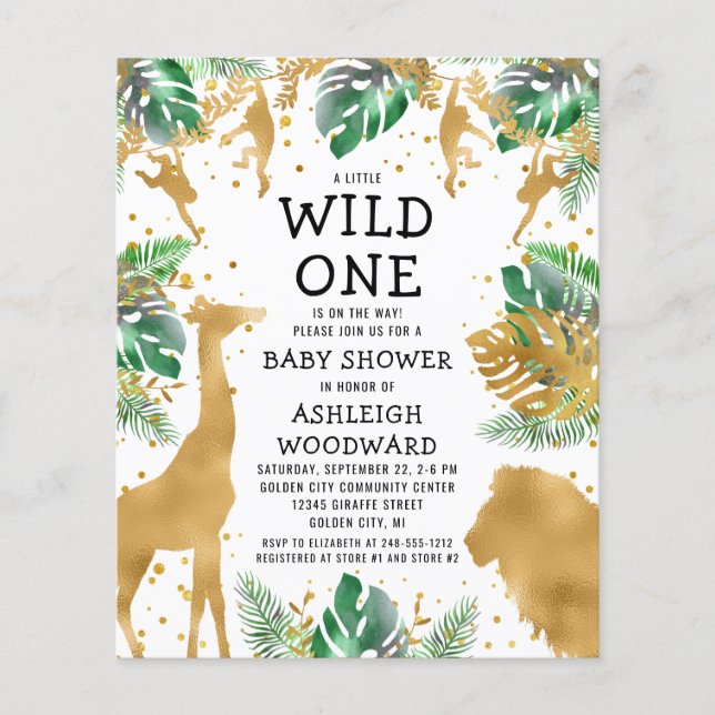 Budget Safari Baby Shower Green Gold Invitation (Front)